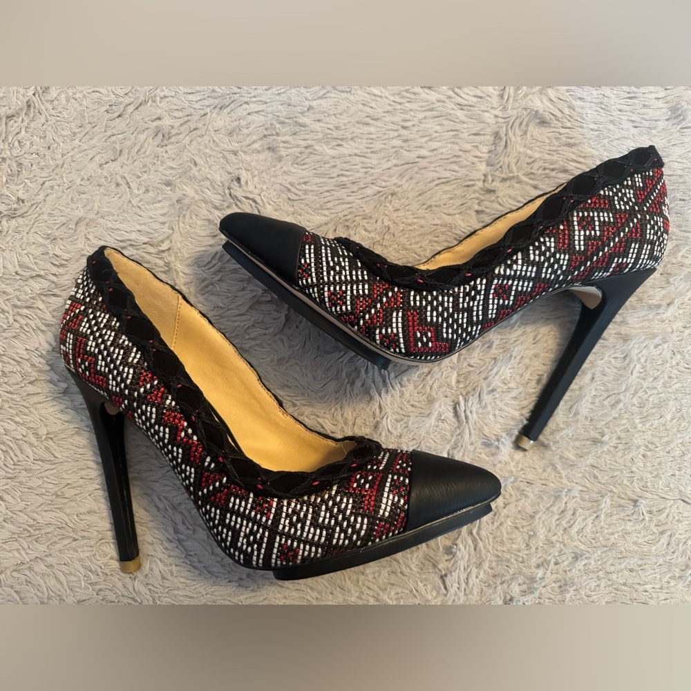 GX by Gwen Stefani Black, Red & White Patterned Pointed Toe Stiletto Heels